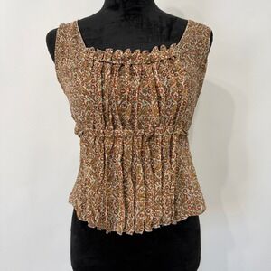 Studio M Bird Floral Print Pleated Sleeveless Top Womens S Brown Boho Cottage